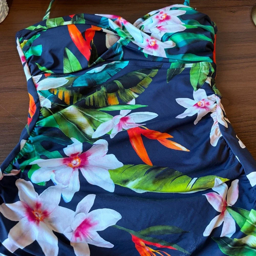 Lauren Ralph Lauren Tankini Swimsuit Women Size 2 Navy Blue Floral Tropical NWT